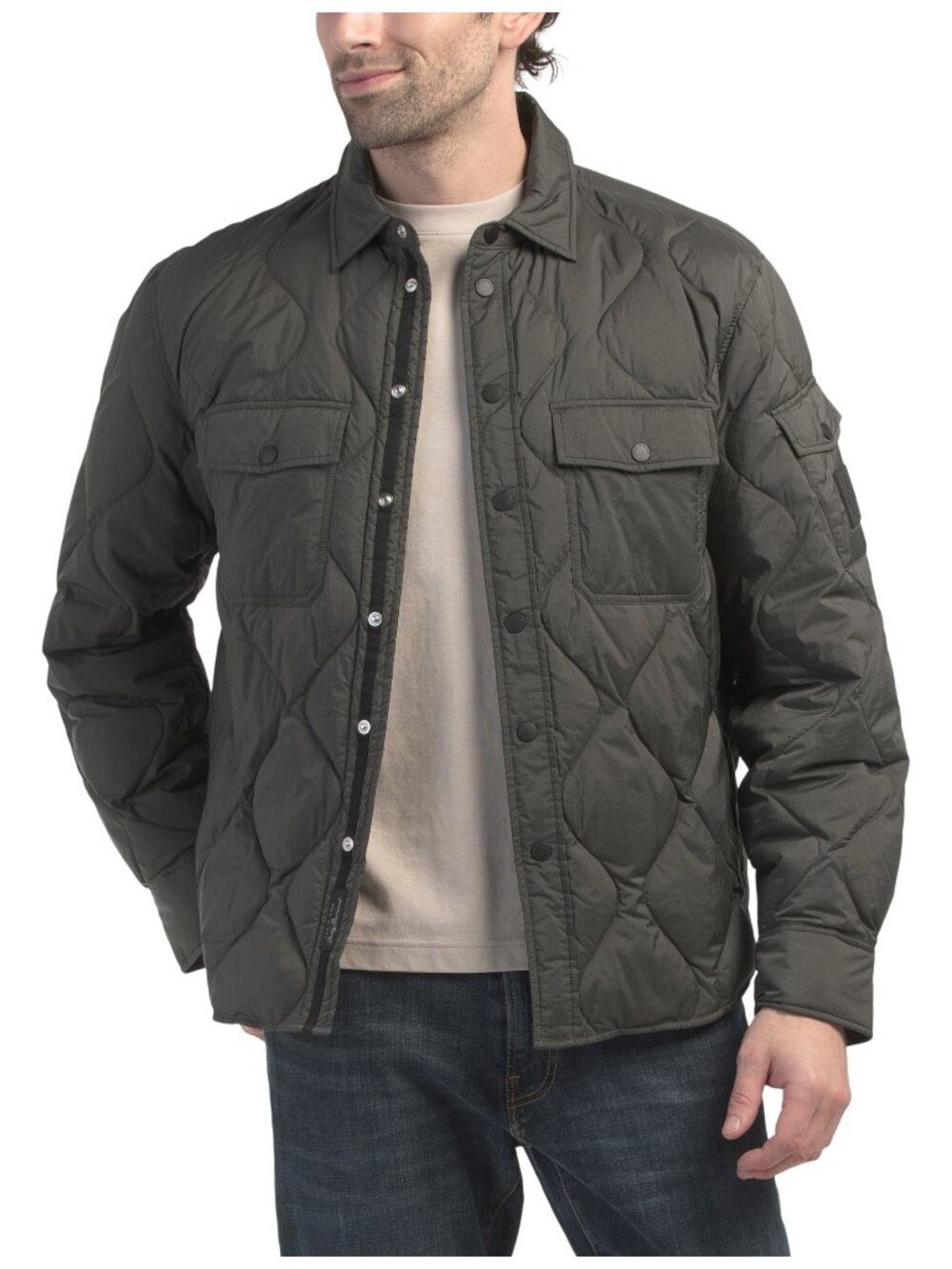 rag & bone Padded Dane Shirt Jacket Dark Green Quilted Down Snap Front Mens